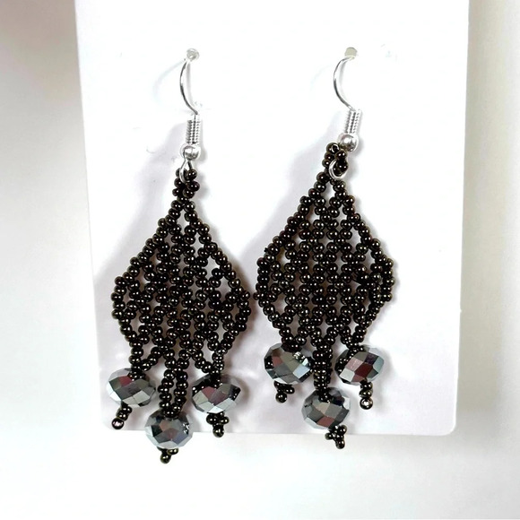Hand Crafted Jewelry - Southwestern Boho Beaded Handmade Tassel Fringe Gold Black Earrings New
